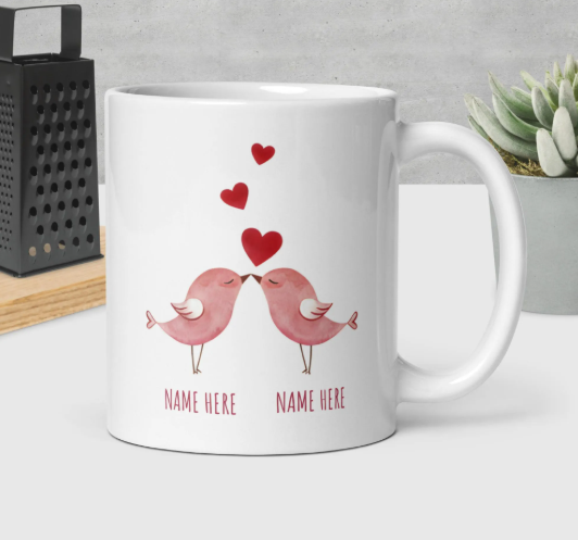 Personalized Valentine's Day Mug – Love Birds Design, Custom Name Coffee Cup, & Many More