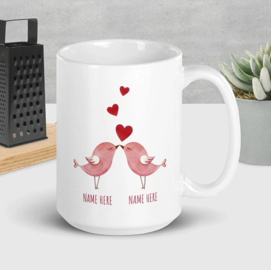 Personalized Valentine's Day Mug – Love Birds Design, Custom Name Coffee Cup, & Many More